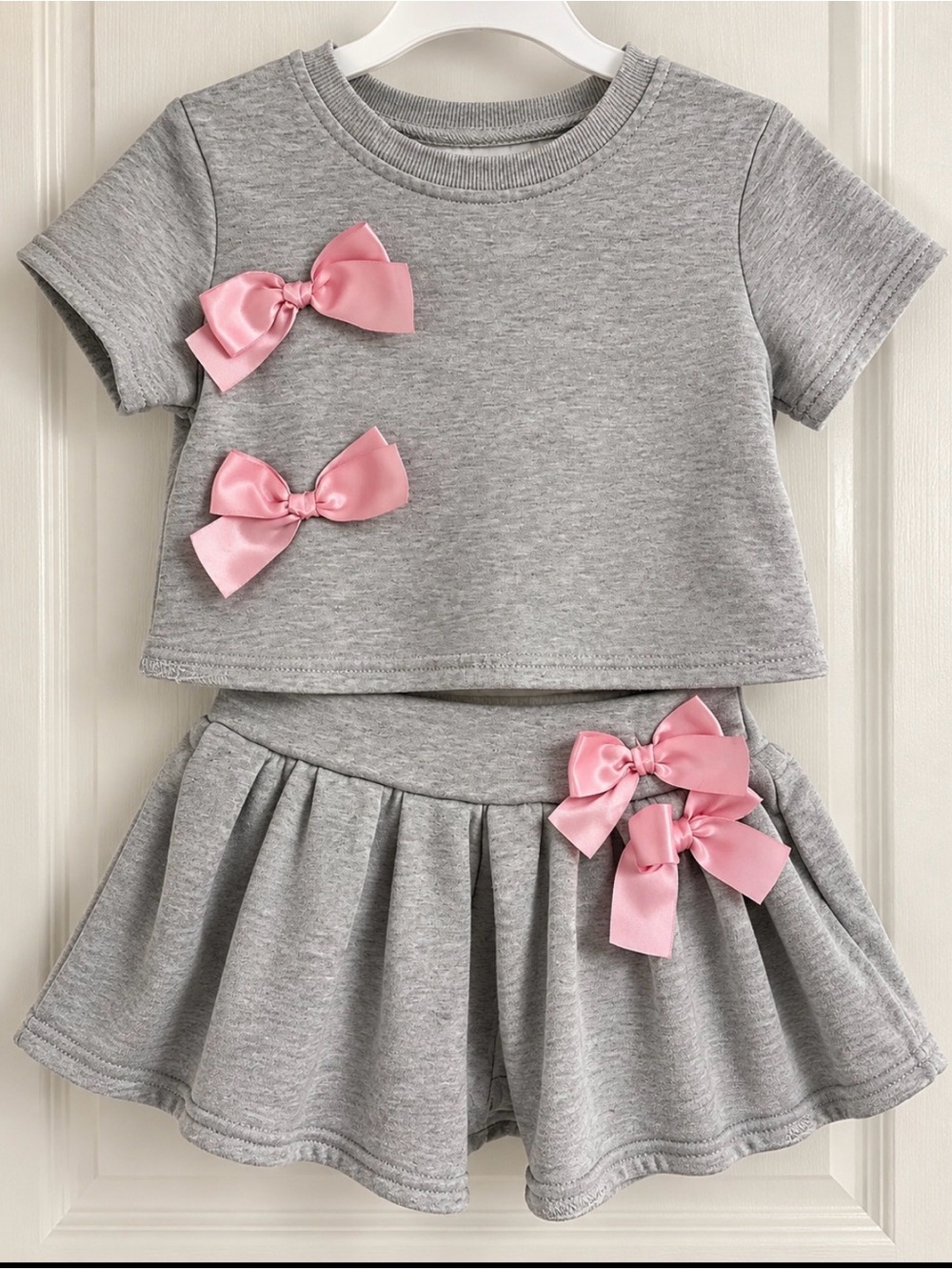 Gray Two-Piece Skirt Set with Pink Satin Bows